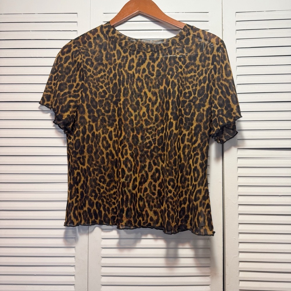 Forever 21 Animal Leopard Print Short Sleeve Scallop Trim Mesh Top Plus Size 0X